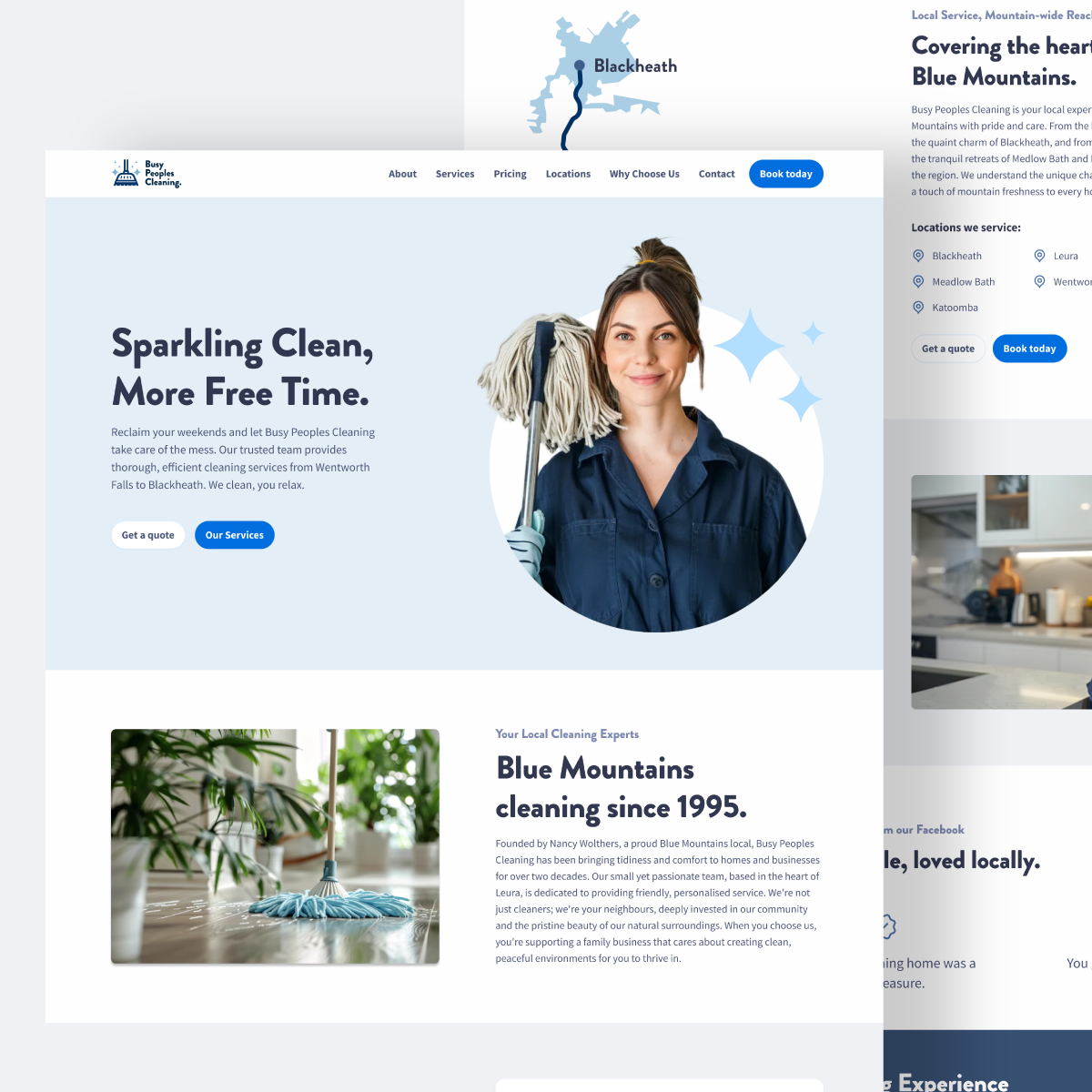 Busy Peoples Cleaning website hero design featuring a cleaner holding a mop.